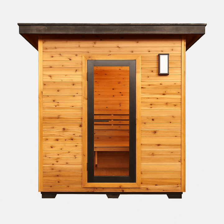 SunRay 4-person outdoor sauna made of natural wood with a sleek glass door and modern design
