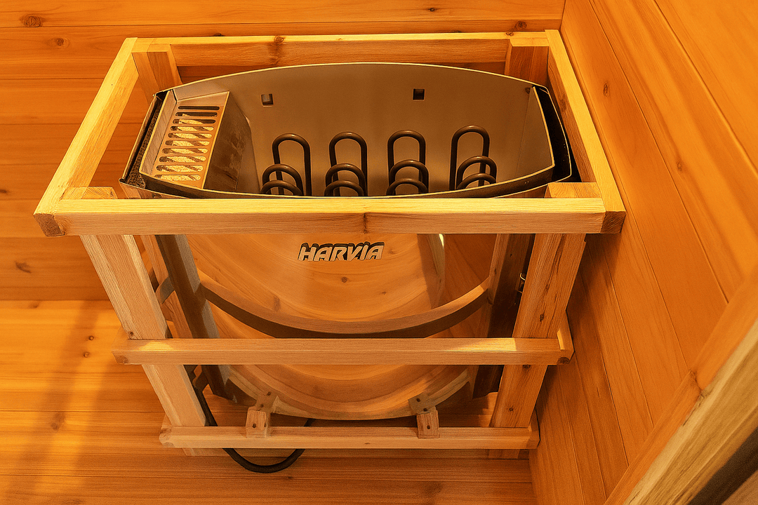 Interior view of a SunRay 4-person outdoor sauna with a Harvia heater and wooden construction