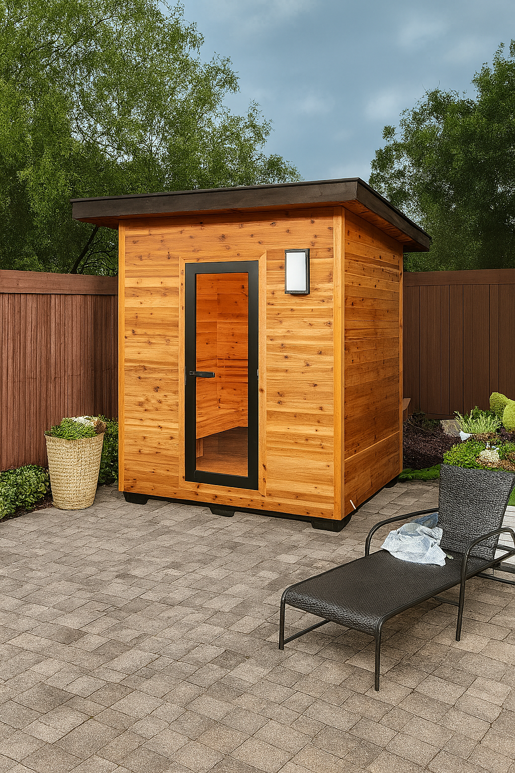 SunRay 4-person outdoor sauna made of wood with glass door in a backyard setting