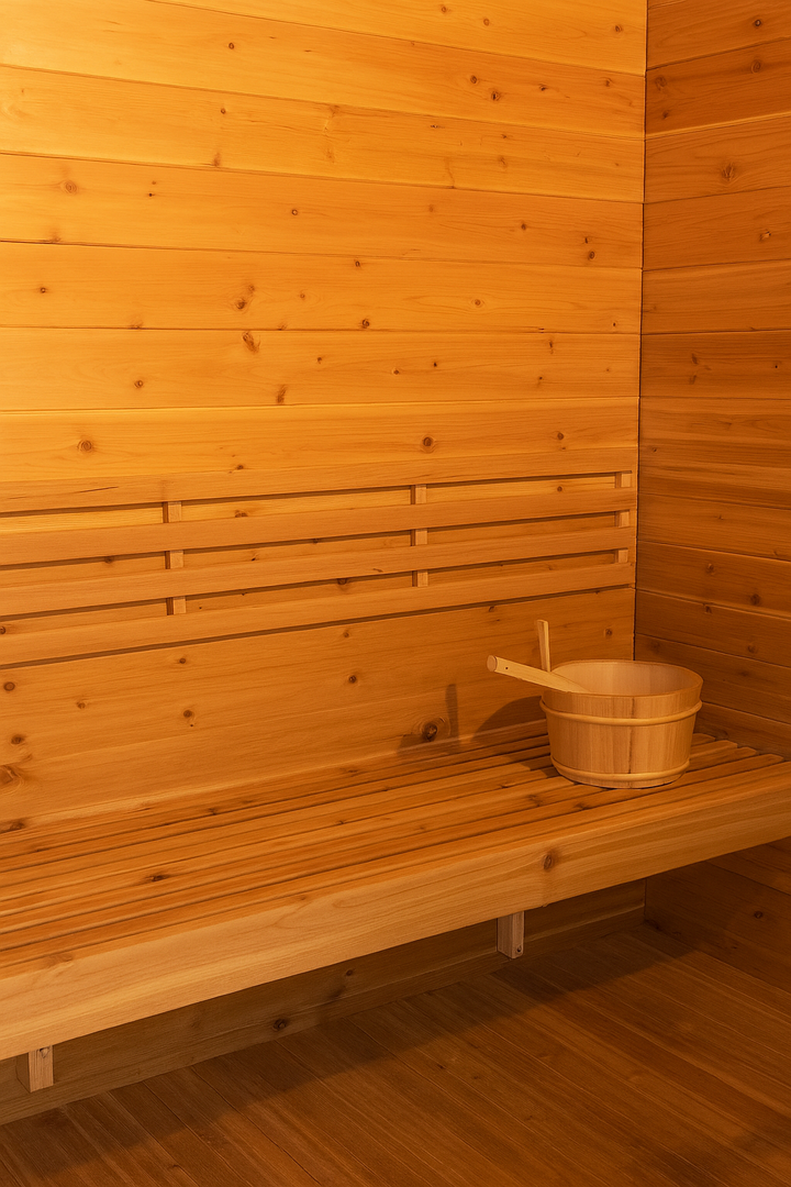 Interior of SunRay traditional 4-person outdoor sauna with wooden bench and sauna bucket