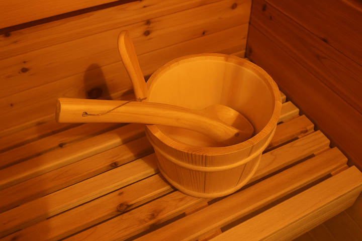 Wooden bucket and ladle in a traditional sauna for the 4-person outdoor sauna experience