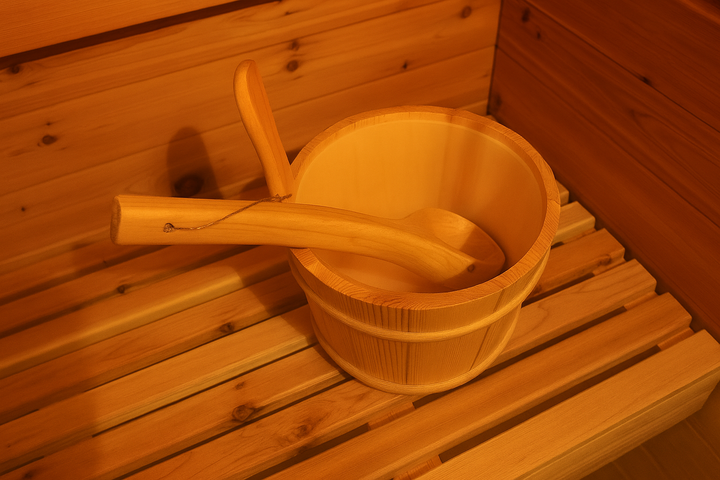 Wooden water bucket with ladle inside a SunRay 4-person outdoor sauna made of natural wood