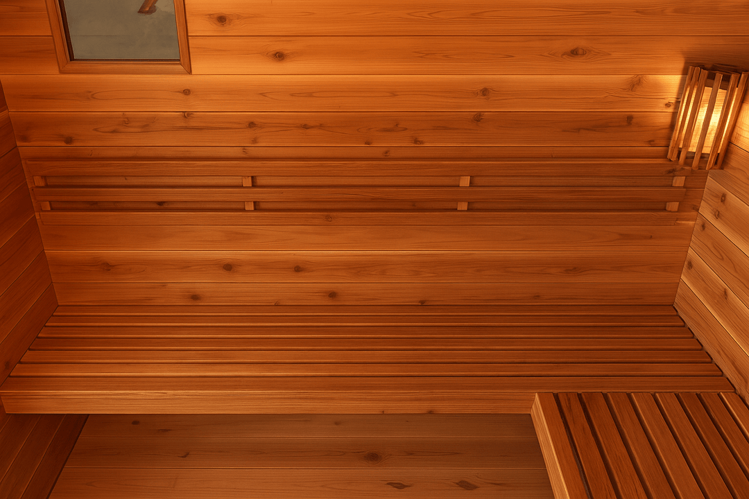 Interior of a SunRay 4-person outdoor sauna featuring wooden benches and warm lighting