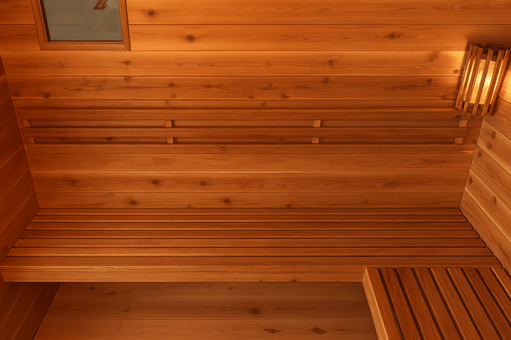 Interior of a SunRay 4-person outdoor sauna featuring wooden benches and warm lighting