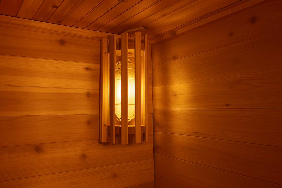 Interior corner of SunRay 4-person outdoor sauna with wooden walls and warm wall light