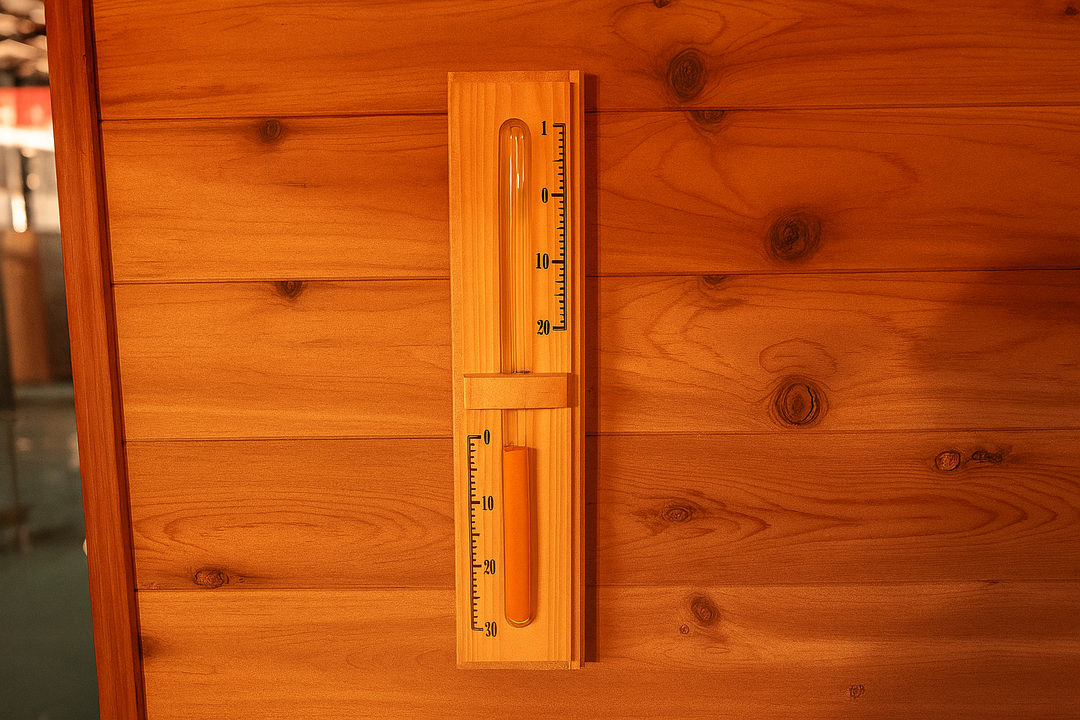 Thermometer and hygrometer on wood panel inside SunRay 4-person outdoor sauna measuring temperature and humidity