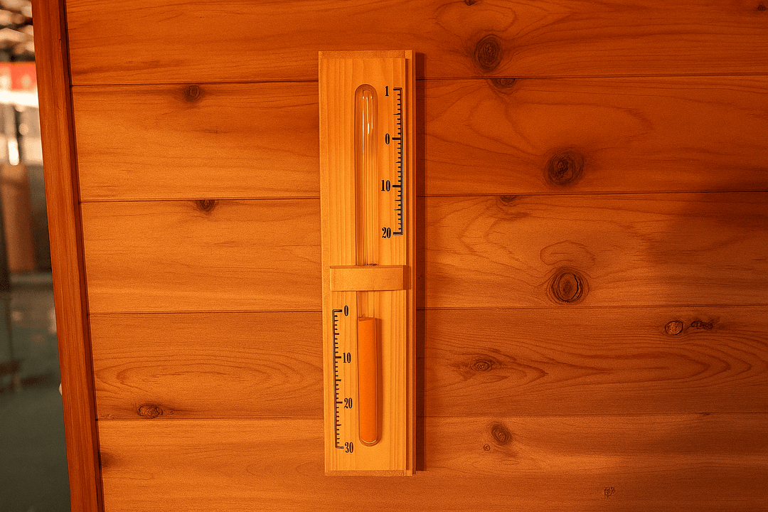 Wooden thermometer and hygrometer in a SunRay 4-person outdoor sauna for temperature and humidity tracking