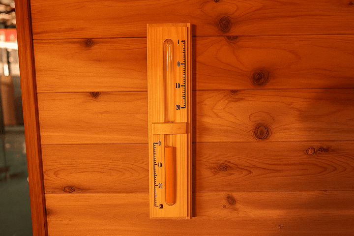 Wooden thermometer and hygrometer in a SunRay 4-person outdoor sauna for temperature and humidity tracking