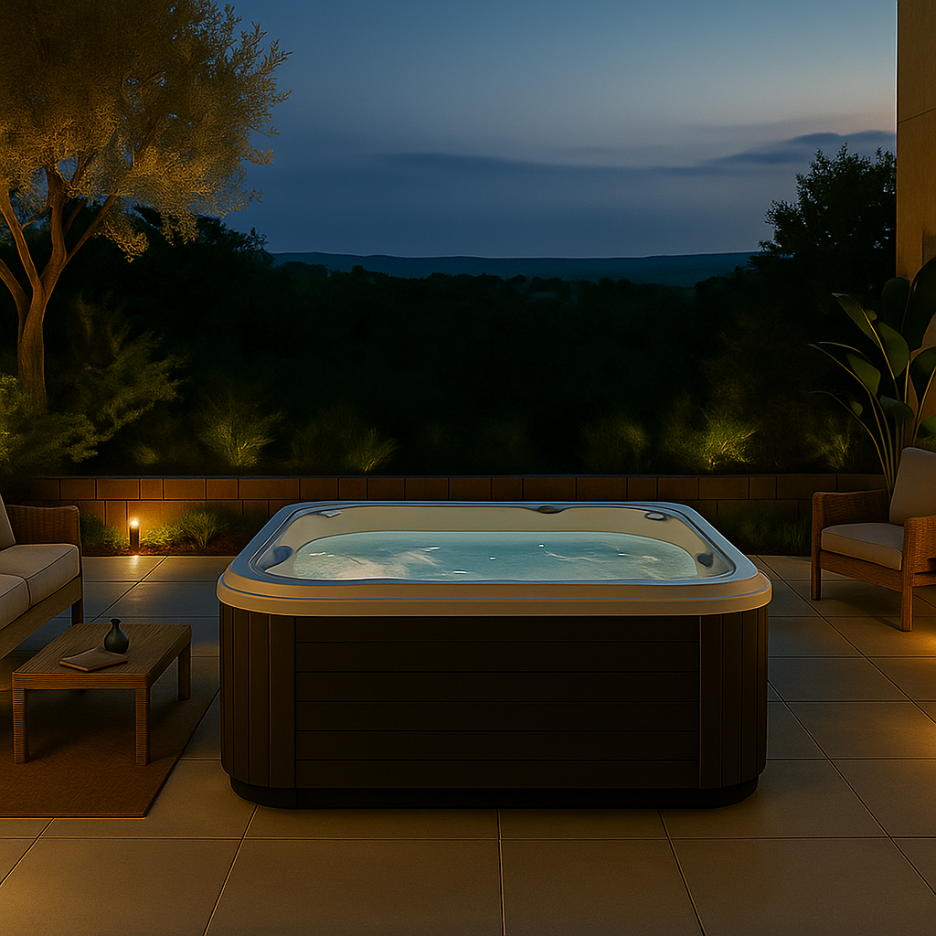 Luxury outdoor spa patio at dusk featuring a modern hot tub with soft ambient lighting, surrounded by elegant seating and greenery, creating a relaxing and upscale atmosphere.