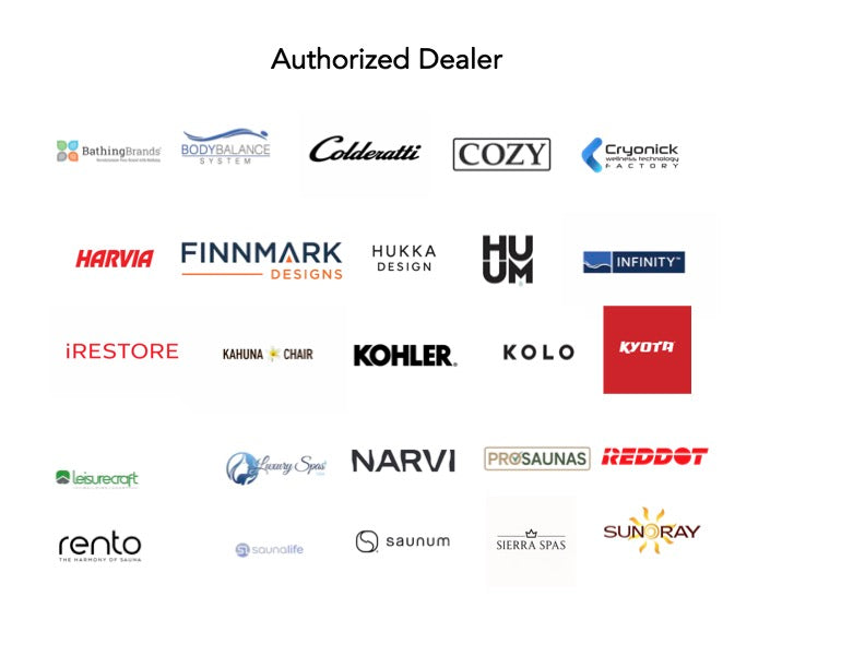 Authorized Dealer logos including Bathing Brands, Body Balance System, Colderatti, Cozy Heat, Cryonick Wellness Technology Factory, Harvia, Finnmark Designs, Hukka Design, HUUM, Infinity, iRestore, Kahuna Chair, Kohler, KOLO, Kyota, Leisurecraft, Luxury Spas USA, Narvi, ProSaunas, RedDotLED, Rento, SaunaLife, Saunum, Sierra Spas, and SunRay Saunas.
