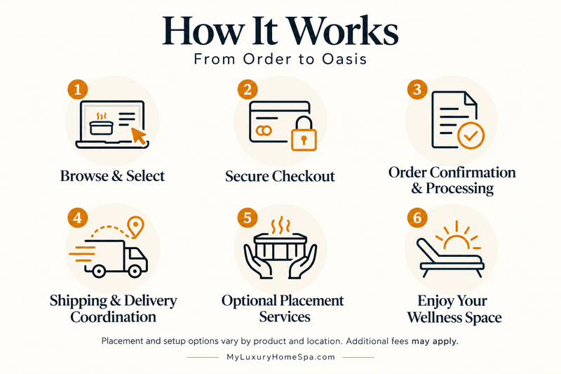 My Luxury Home Spa ordering process: browse products, secure checkout, order confirmation, shipping coordination, optional placement services, and enjoying your wellness space. Placement options and fees vary by product and location.