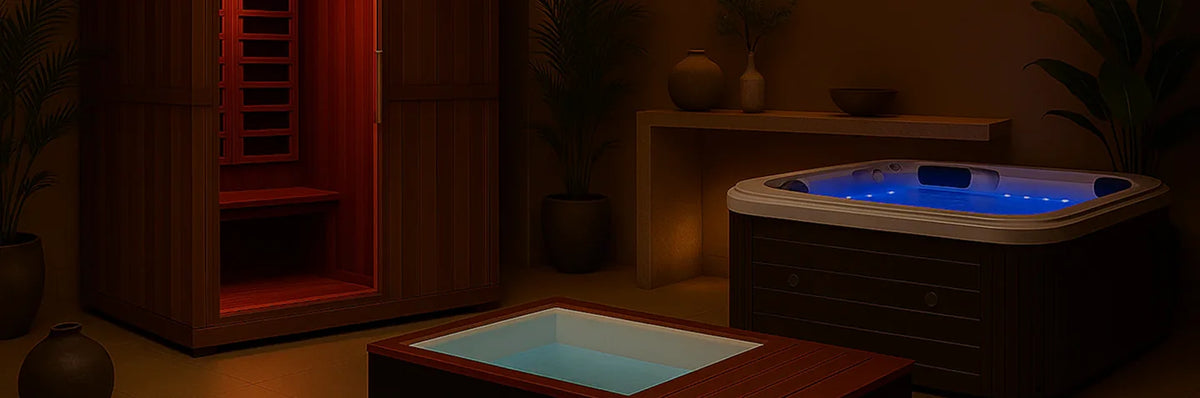 Luxury home wellness space featuring a wooden sauna, a hot tub with blue lighting, and a recessed plunge tub surrounded by warm wood finishes.