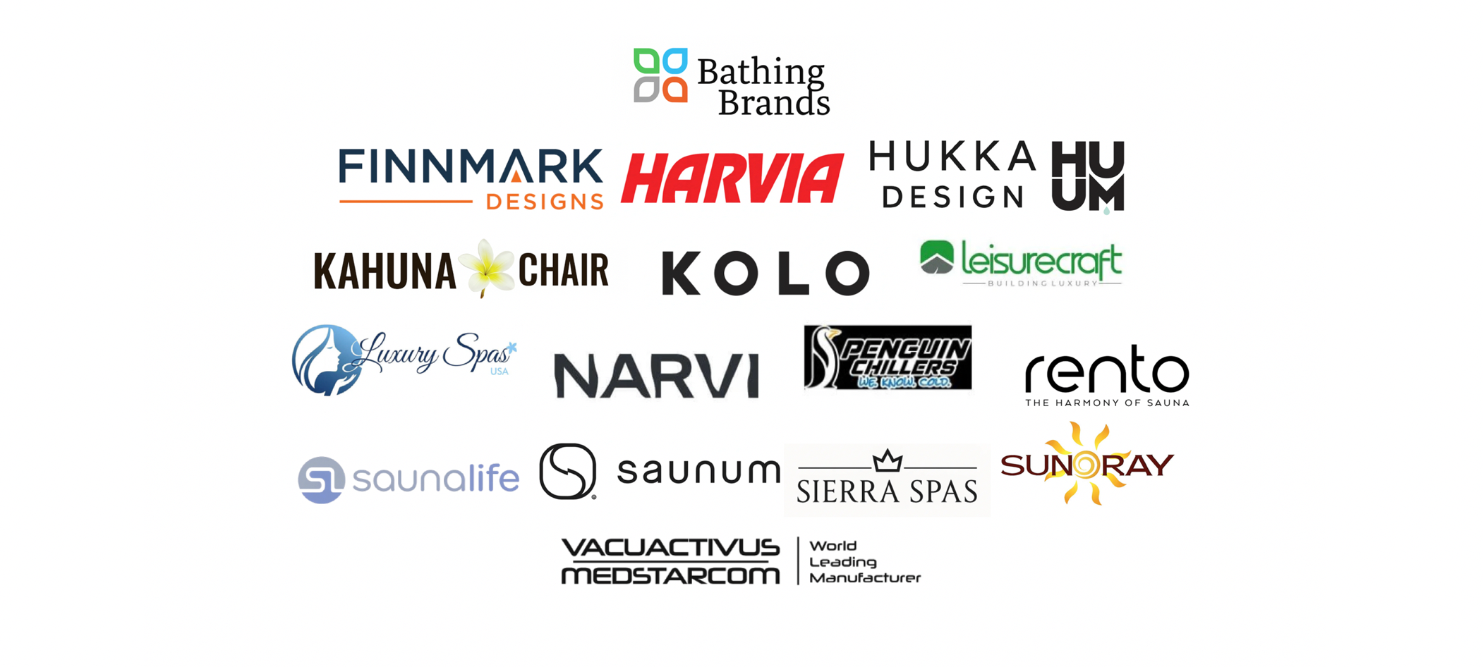Logos of premium wellness and spa brands represented by MyLuxuryHomeSpa.com displayed on a white background, including Bathing Brands, Finnmark Designs, Harvia, Hukka Design, HUUM, Kahuna Chair, KOLO, Leisurecraft, Luxury Spas USA, Narvi, Penguin Chillers, Rento, Saunalife, Saunum, Sierra Spas, SunRay, and Vacuactivus MedStarcom.