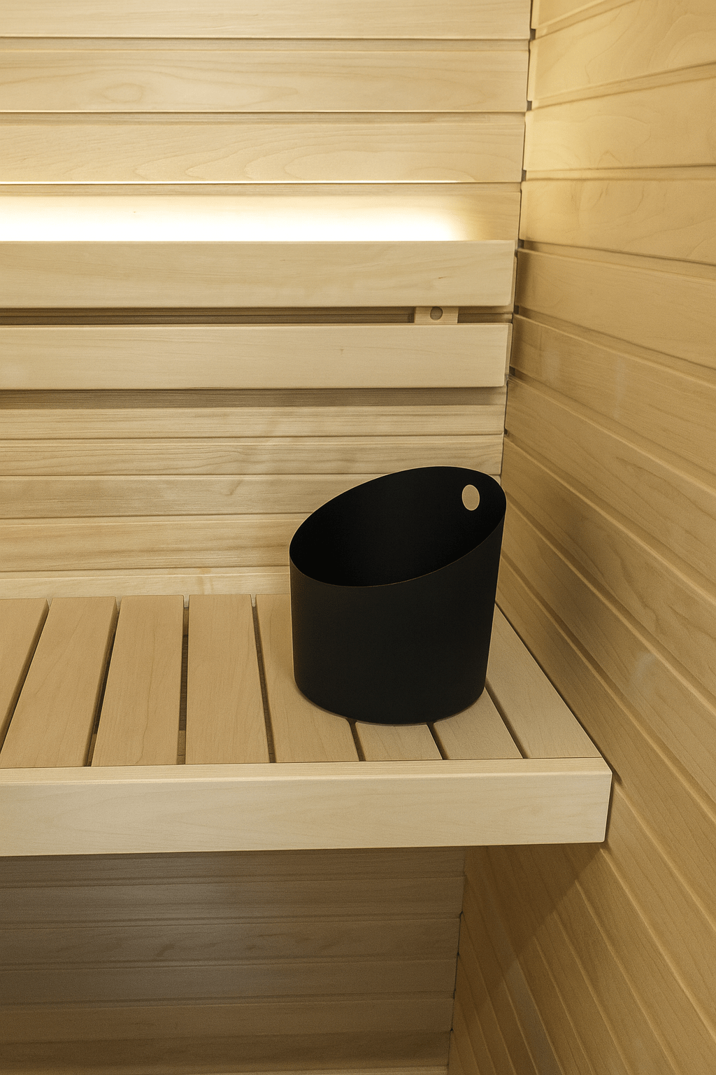 KOLO aluminum sauna bucket in black color on a wooden sauna bench for authentic sauna experience