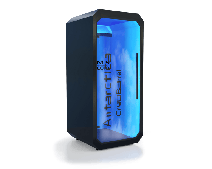 Vacuactivus Antarctica home cryotherapy chamber with a modern design and soothing blue interior lighting