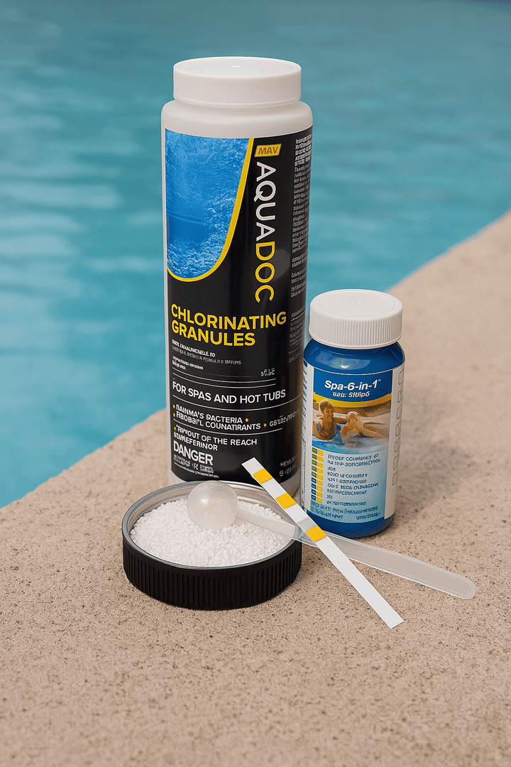 AquaDoc home spa chlorinating kit with granules, test strips, and spa chemicals for maintaining spa water quality