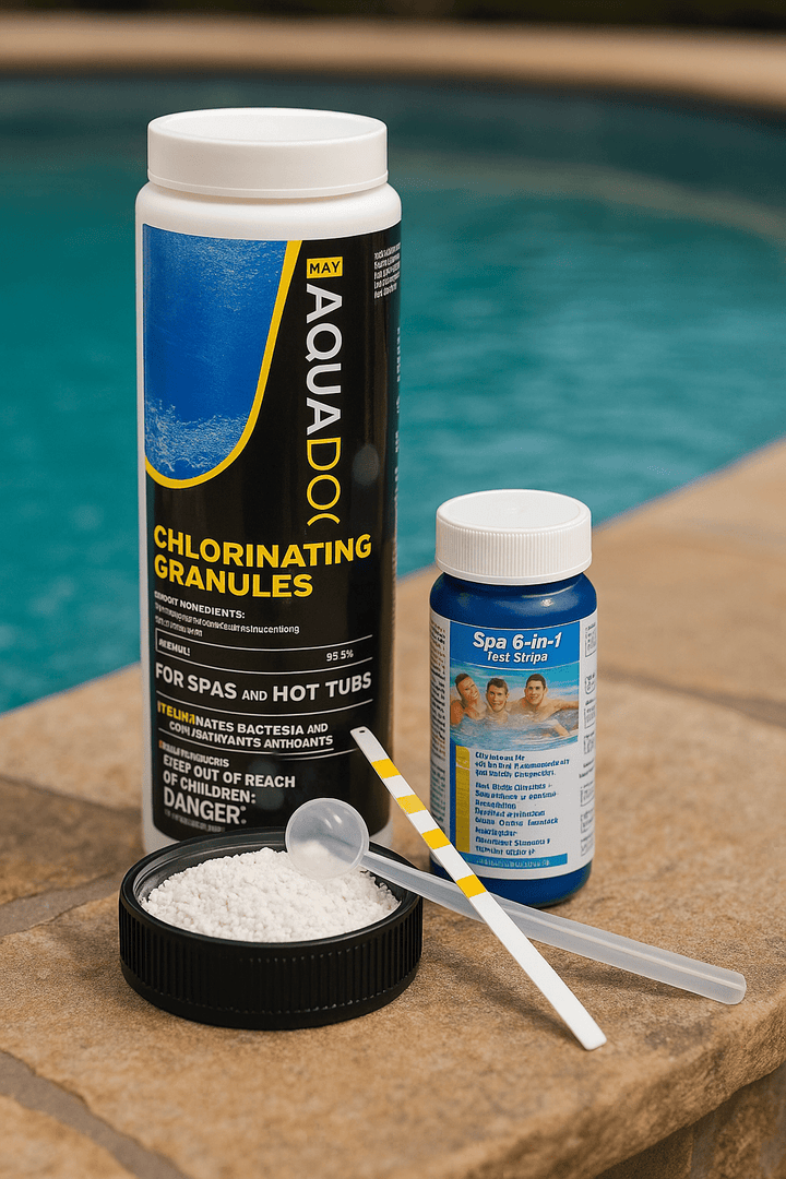 Home spa chlorinating kit featuring granules and test strips for maintaining clean spas and hot tubs