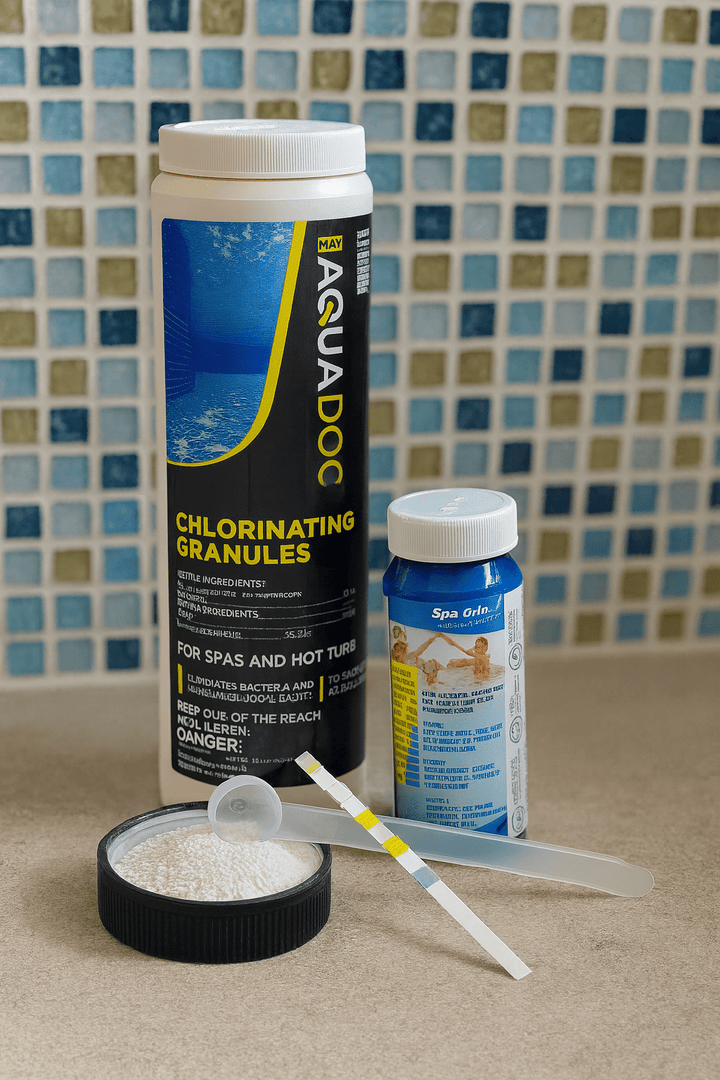 Home spa chlorinating kit featuring Aqua Doc chlorinating granules and spa testing strips