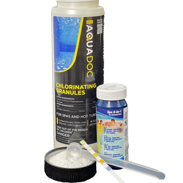 Home spa chlorinating kit with granules and test strips for maintaining spa water quality