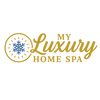 Logo for “My Luxury Home Spa” featuring elegant gold typography on a black background. The word “Luxury” is written in a flowing script font, with “MY” above and “HOME SPA” below in uppercase serif letters. To the left of the text is a circular gold emblem containing a blue snowflake surrounded by gold accent lines, symbolizing cold therapy and luxury wellness.
