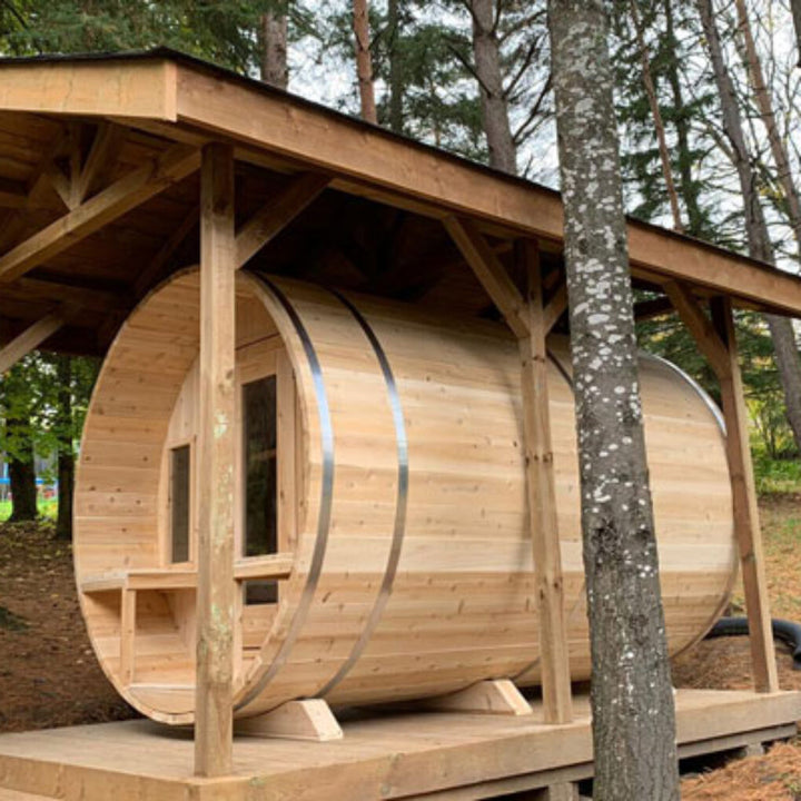Leisurecraft backyard barrel sauna for sale with wooden barrel design under a wooden shelter