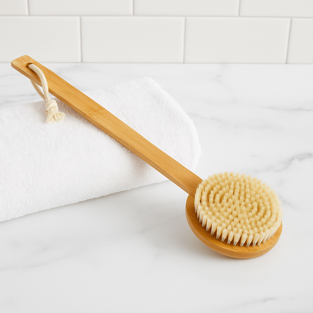 KOLO bamboo sauna bath brush with a comfortable handle for exfoliating and relaxing skin care