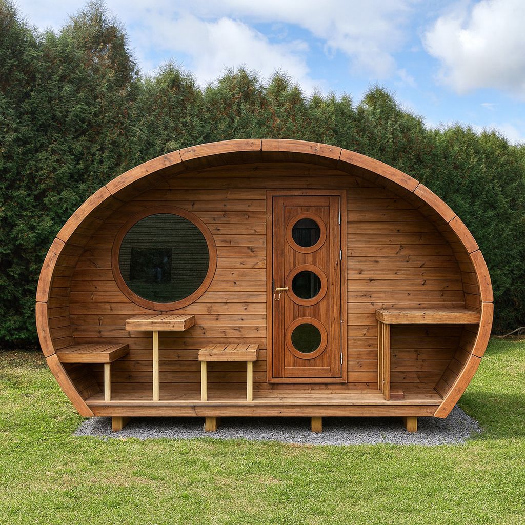 SaunaLife outdoor home sauna kit barrel shaped traditional wooden sauna with porch round window and benches