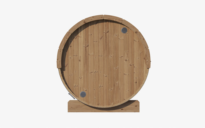 SaunaLife barrel sauna with glass front showing circular wooden exterior panel