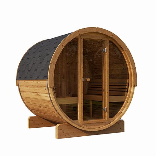 SaunaLife barrel sauna with glass front featuring a wooden structure and spacious interior for relaxation