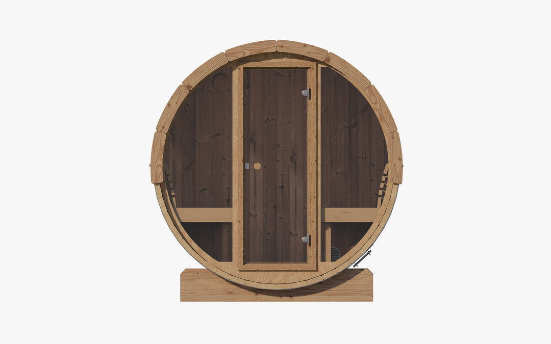 SaunaLife barrel sauna with glass front and wooden frame showing interior benches