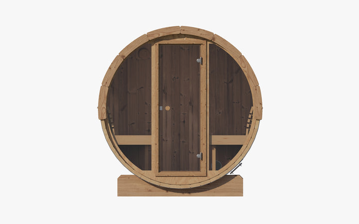SaunaLife barrel sauna with glass front and wooden frame showing interior benches