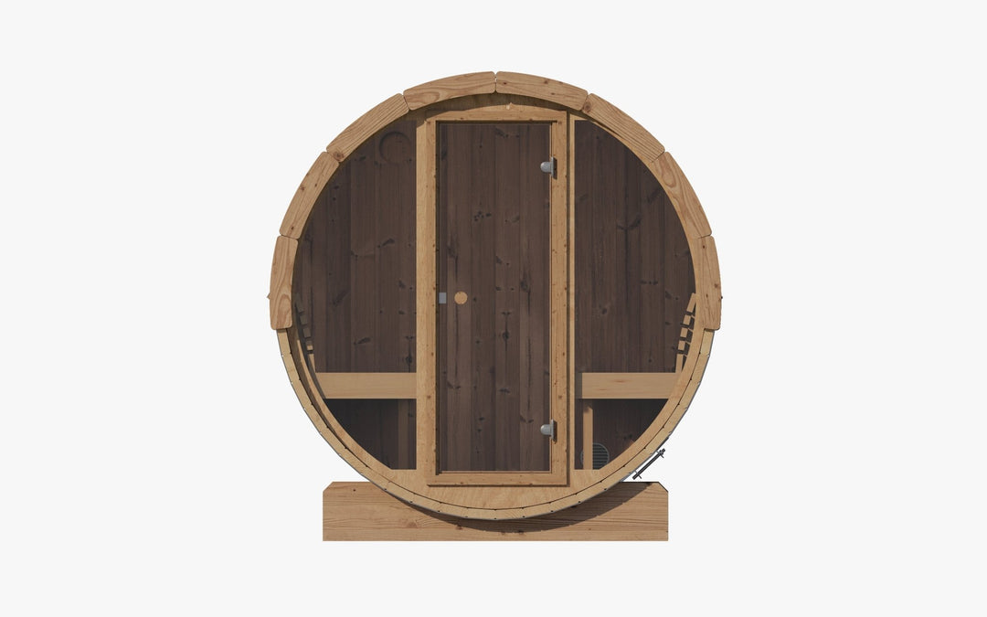 Barrel sauna with glass front by SaunaLife featuring a natural wood finish and a round design
