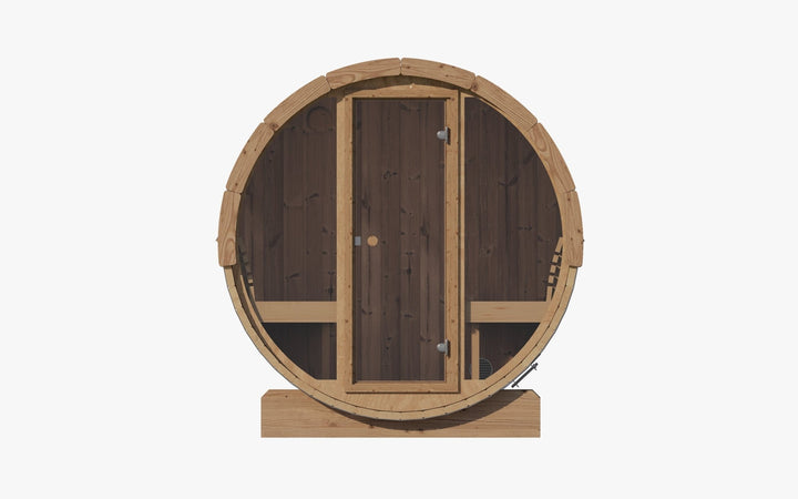 Barrel sauna with glass front by SaunaLife featuring a natural wood finish and a round design