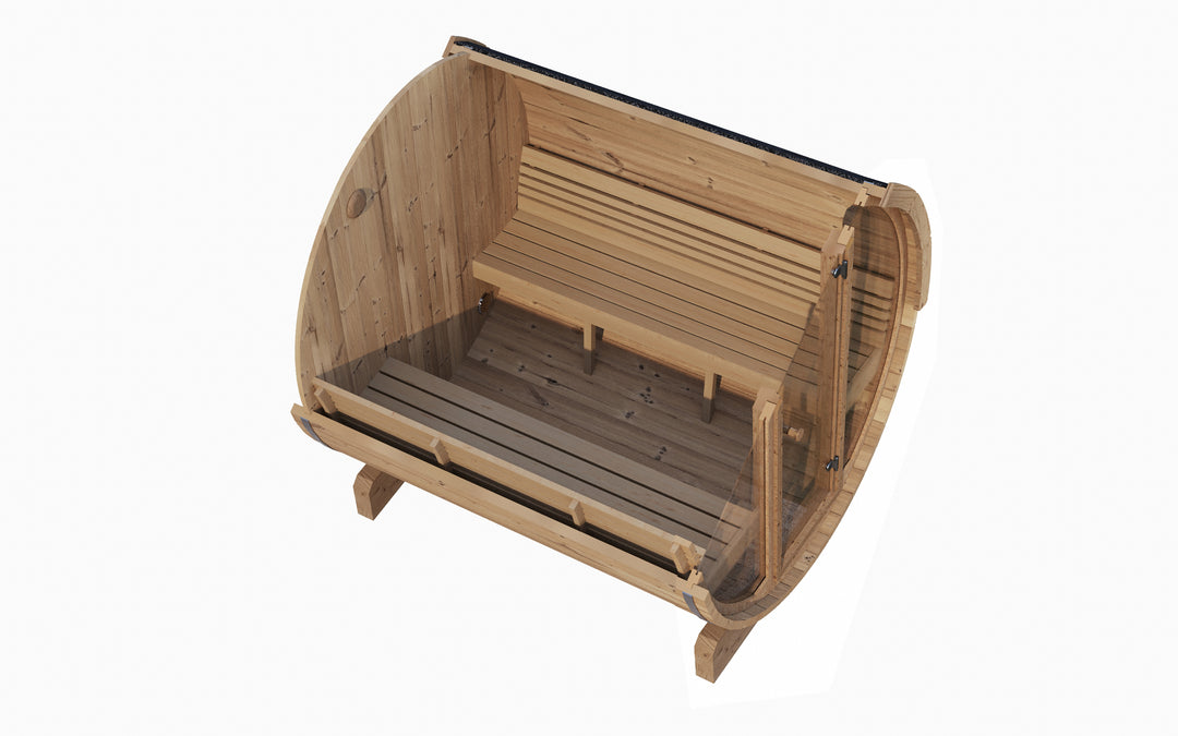 SaunaLife barrel sauna with glass front showing wooden interior bench and curved design