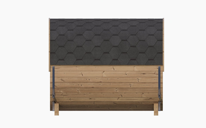 Barrel sauna with glass front featuring a natural wood exterior and a dark shingled roof for outdoor relaxation