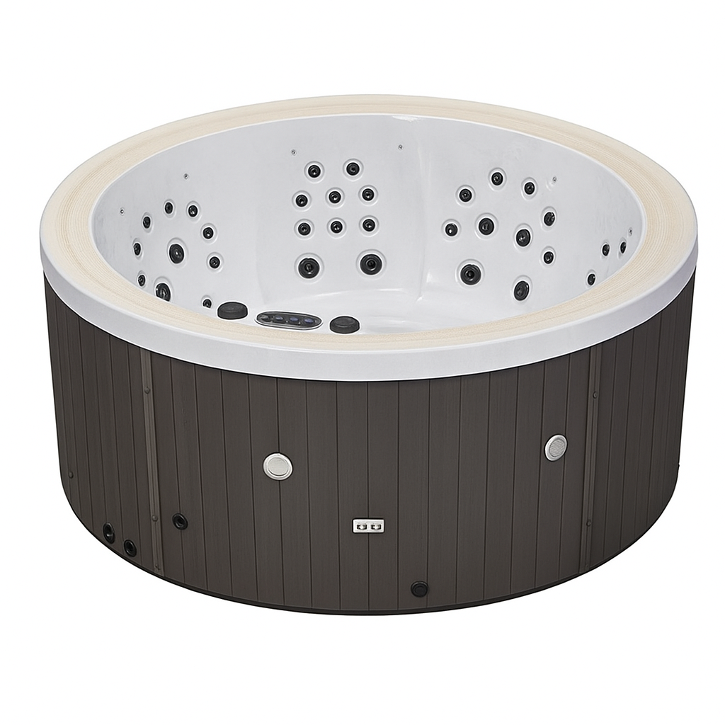 Luxury Spa round hot tub with multiple jets and dark exterior, best hot tubs for sale