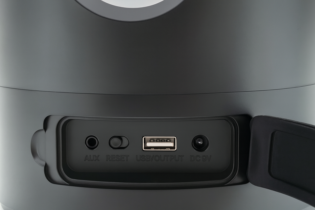 Close-up view of control panel with USB, AUX, and power ports on Bluetooth sauna bucket and ladle accessory