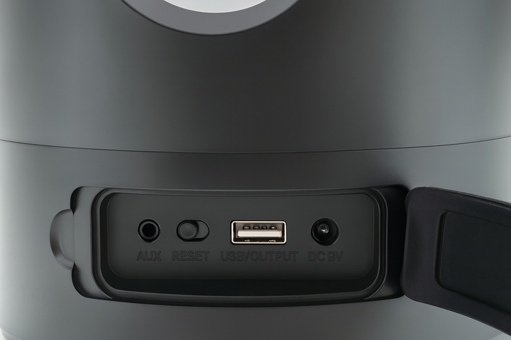 Close-up view of control panel with USB, AUX, and power ports on Bluetooth sauna bucket and ladle accessory