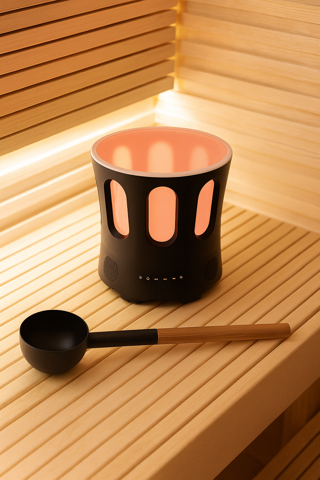 SaunaLife Bluetooth sauna bucket and ladle with modern design placed on wooden sauna bench