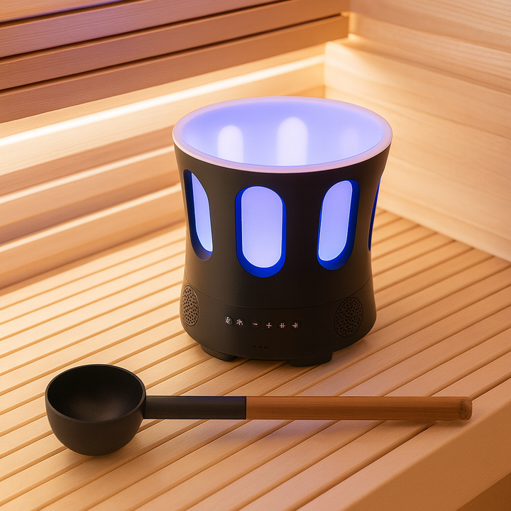 Bluetooth sauna bucket and ladle by SaunaLife with modern design and blue LED light inside wooden sauna
