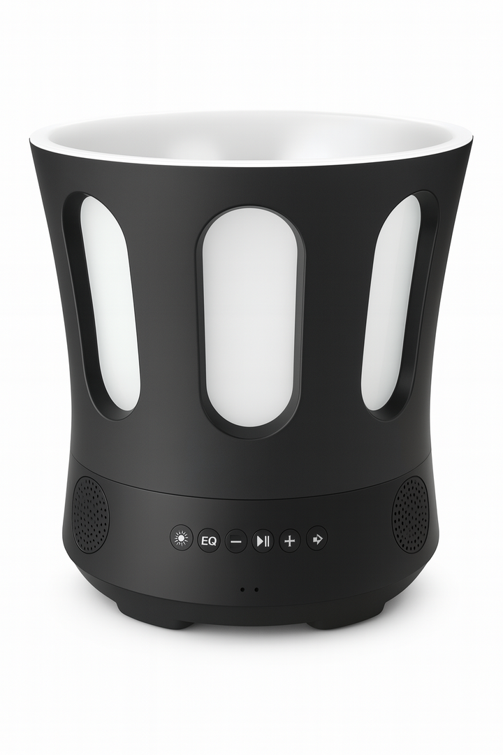 SaunaLife Bluetooth sauna bucket and ladle with built-in speakers and control buttons in black and white