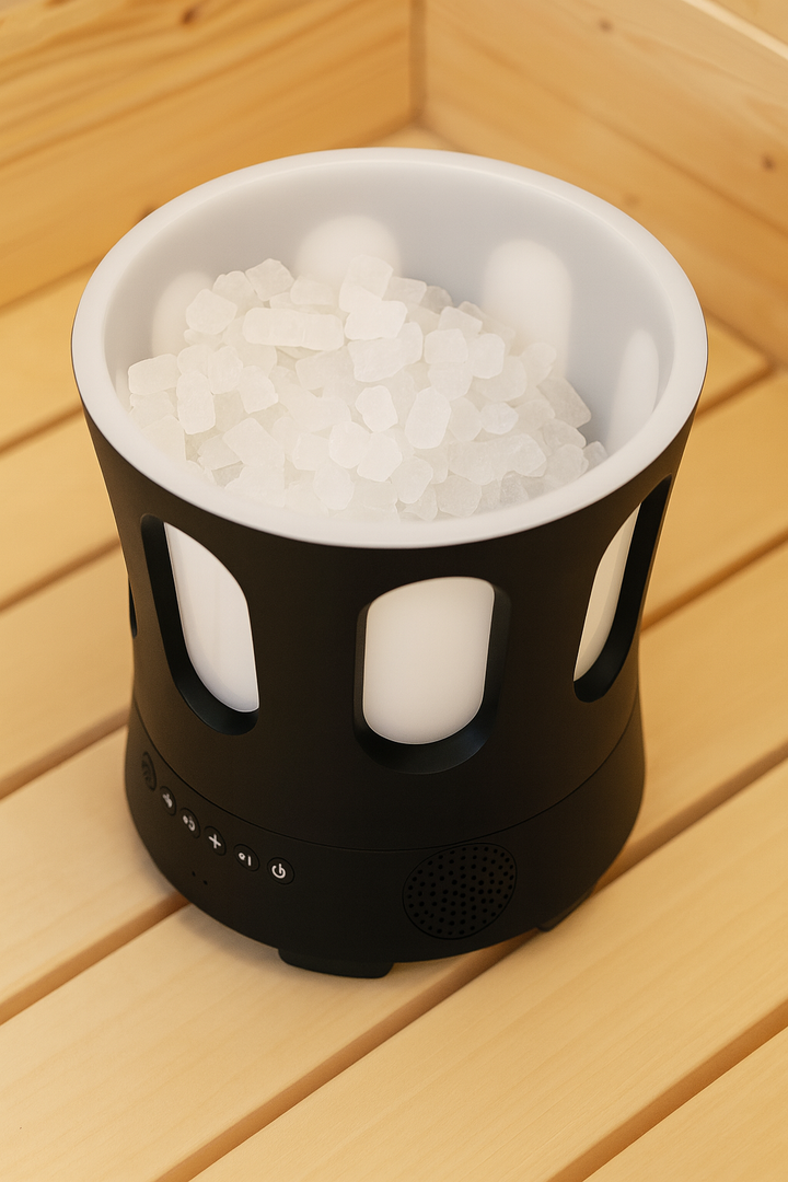 SaunaLife Bluetooth sauna bucket and ladle with black outer casing filled with sauna stones on wooden bench