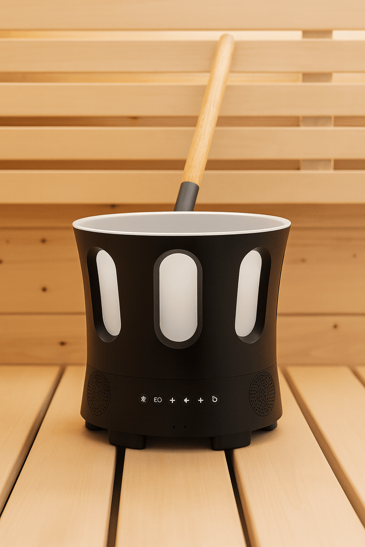 Bluetooth sauna bucket and ladle with a sleek black design for a modern sauna experience