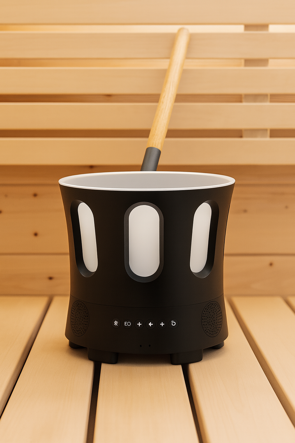 SaunaLife Bluetooth sauna bucket and ladle with black modern design and wooden handle in sauna room