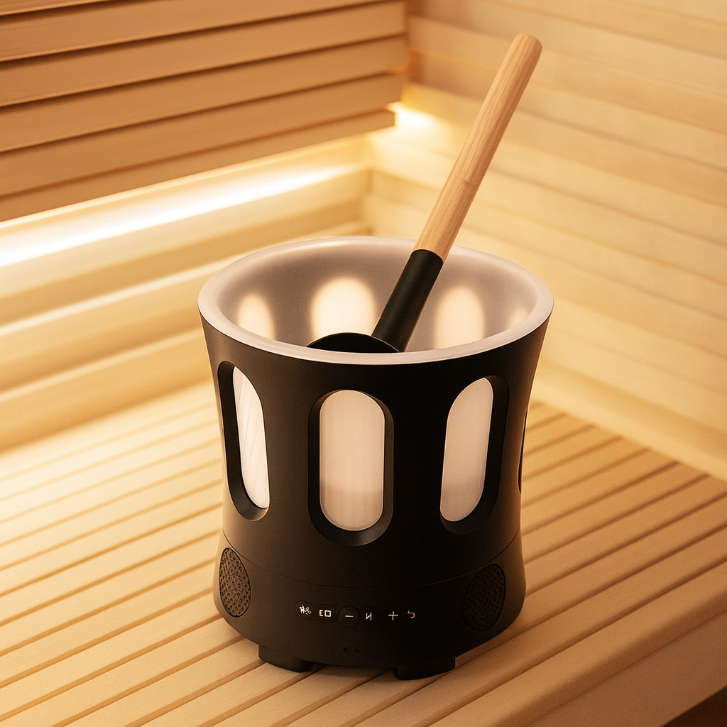 SaunaLife Bluetooth sauna bucket and ladle with modern black design placed on wooden sauna bench