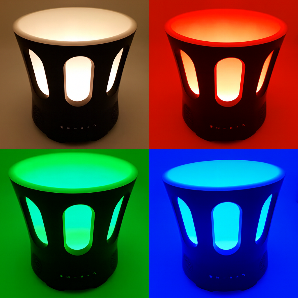 SaunaLife Bluetooth sauna bucket and ladle accessory shown in four colorful LED light modes