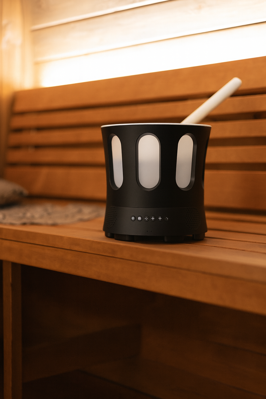 SaunaLife Bluetooth sauna bucket and ladle in black with control buttons placed on wooden sauna bench