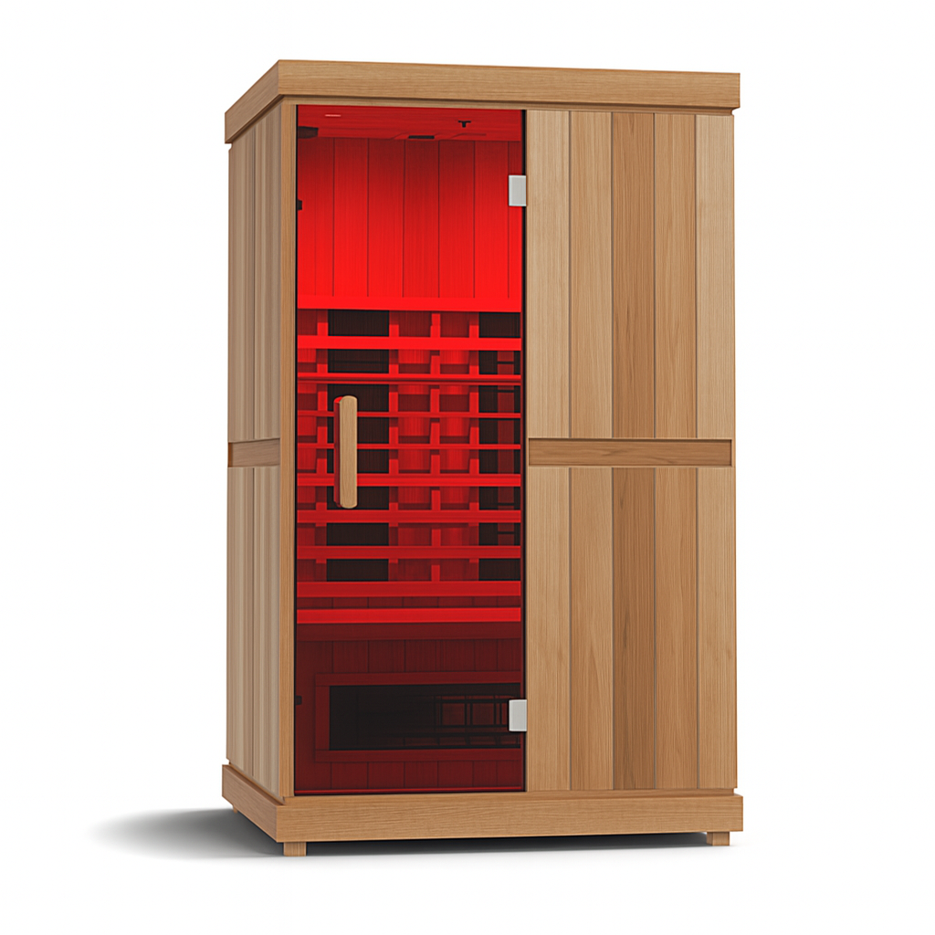 Finnmark 2 person infrared sauna for home with wooden exterior and red tinted glass door