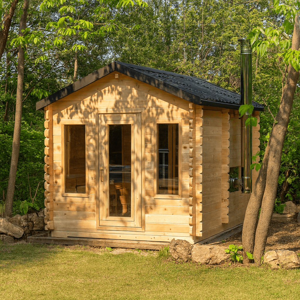 Leisurecraft Canadian Timber Georgian cabin sauna featuring a wooden exterior and large windows