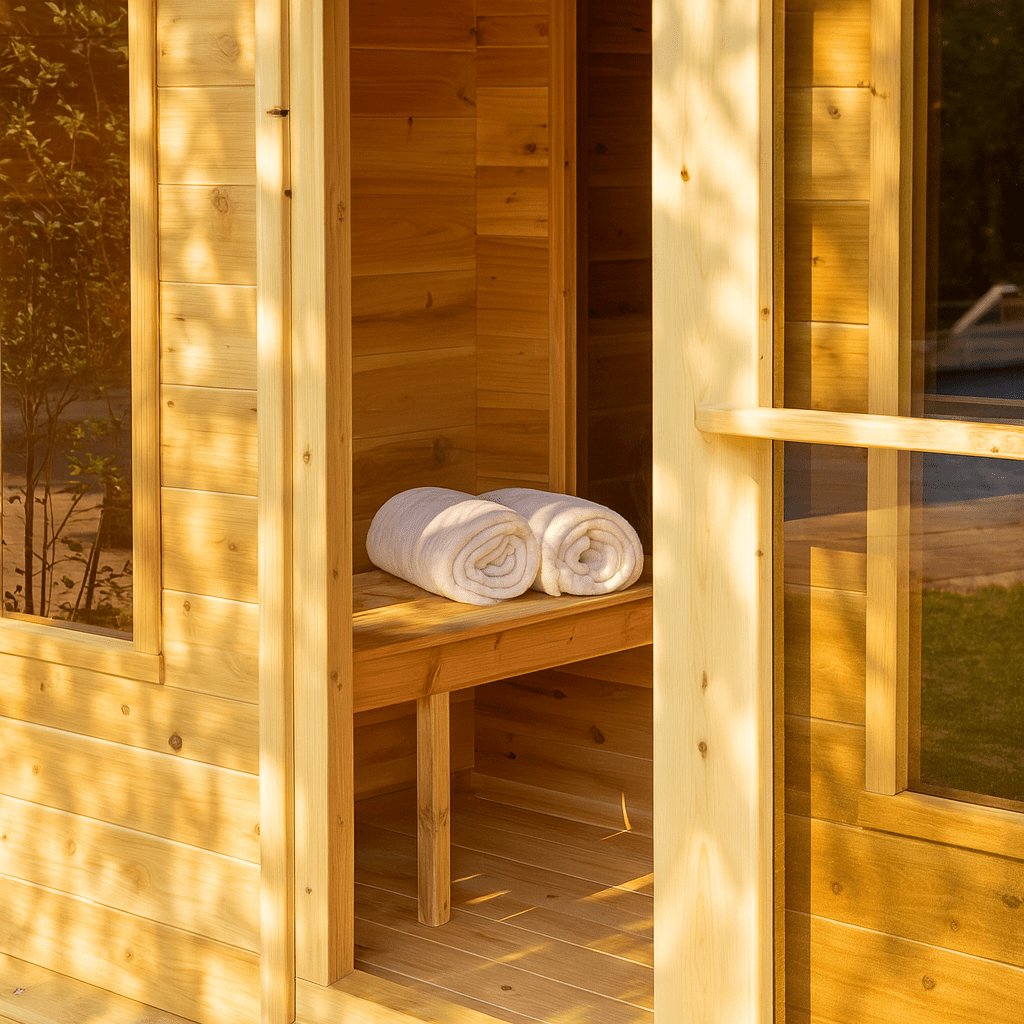Leisurecraft Canadian Timber Georgian cabin sauna with wooden interior and neatly rolled towels